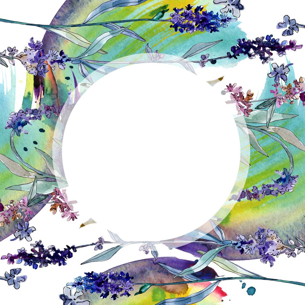 Lavendel blühende botanische Blumen. Aquarell Hintergrundillustration Set. Rahmen Rand Ornament Quadrat. - Foto, Bild