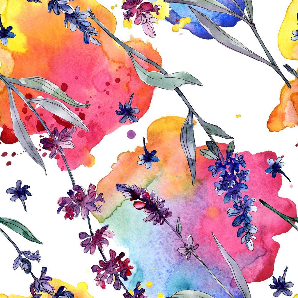 ラベンダーの花の植物の花。野生の春の葉の野生の花。●水彩イラストセット。水彩画ファッションアクアレル。シームレスな背景パターン。ファブリック壁紙プリントテクスチャ. - 写真・画像