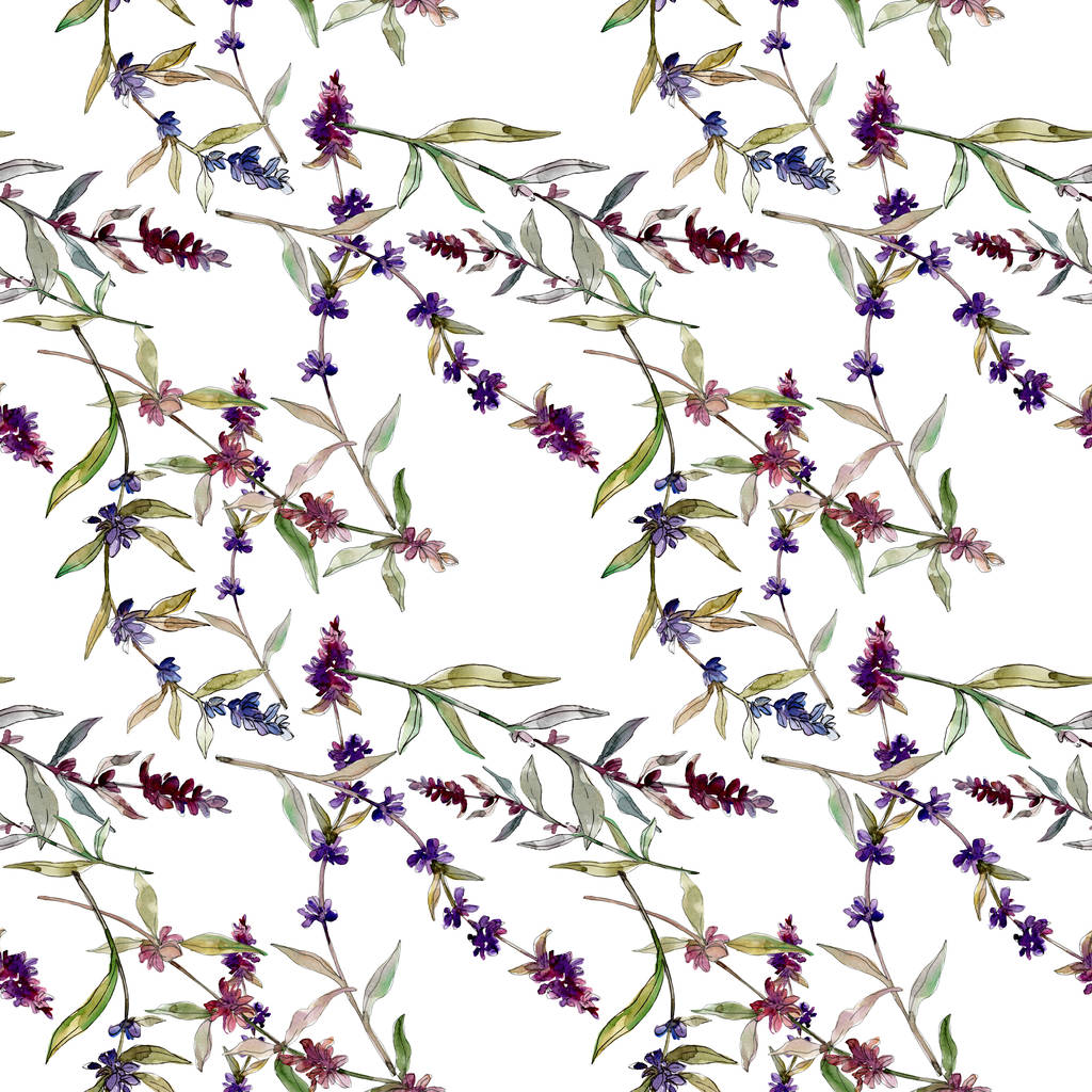 Purple lavender floral botanical flowers. Wild spring leaf wildflower. Watercolor illustration set. Watercolour drawing fashion aquarelle. Seamless background pattern. Fabric wallpaper print texture. - Photo, Image