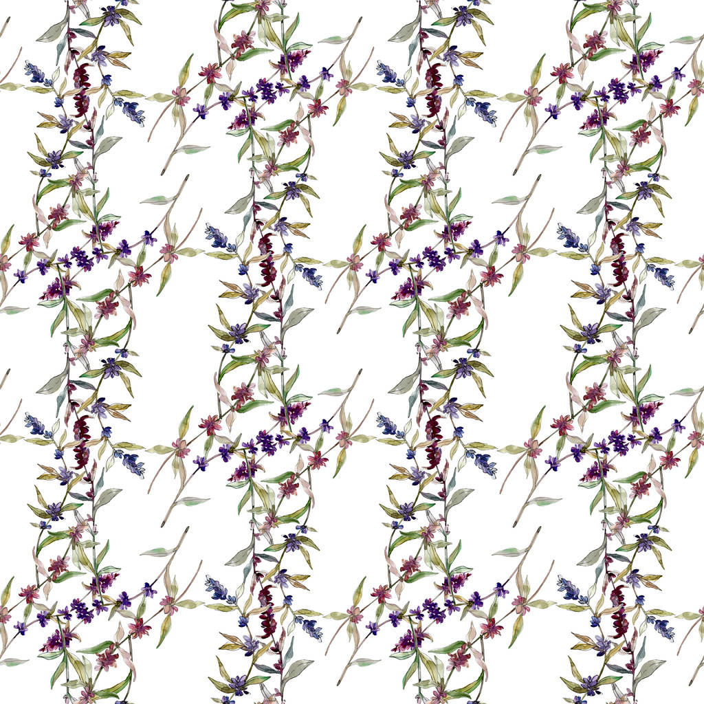 Paarse lavendel bloemen botanische bloemen. Wilde Lente blad Wildflower. Aquarel illustratie set. Aquarel tekening mode Aquarelle. Naadloos achtergrond patroon. Stof wallpaper print textuur. - Foto, afbeelding