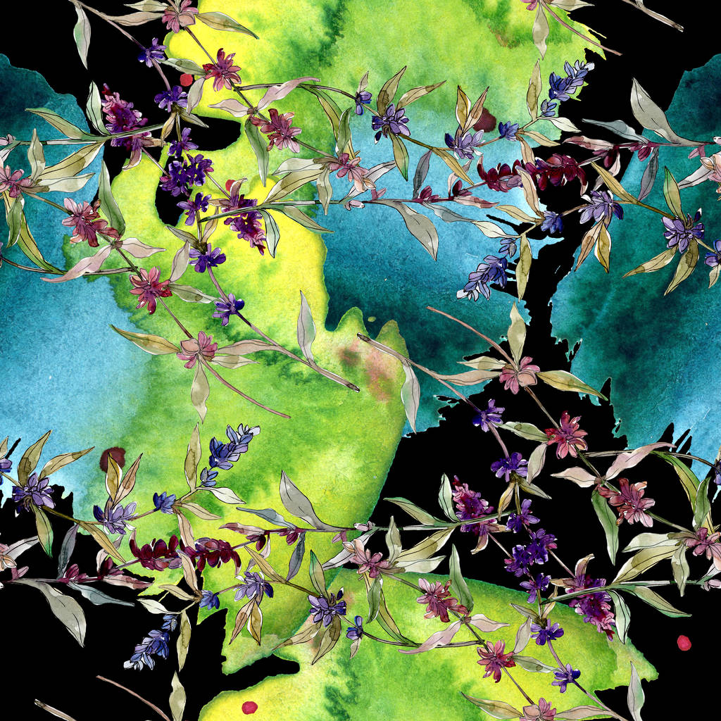 紫色のラベンダーの花の植物の花。野生の春の葉の野生の花。●水彩イラストセット。水彩画ファッションアクアレル。シームレスな背景パターン。ファブリック壁紙プリントテクスチャ. - 写真・画像