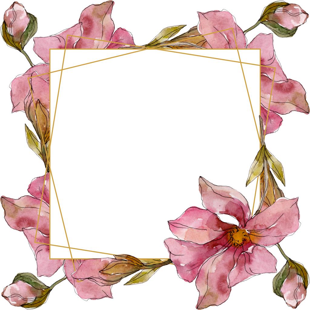 Camelia bloemen botanische bloemen. Aquarel achtergrond illustratie instellen. Frame rand ornament vierkant. - Foto, afbeelding