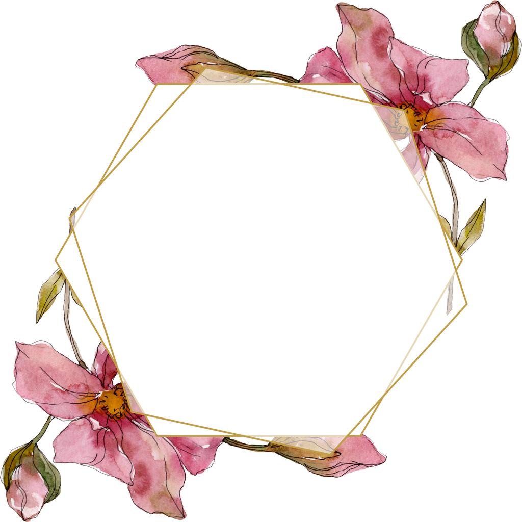 Camelia bloemen botanische bloemen. Aquarel achtergrond illustratie instellen. Frame rand ornament vierkant. - Foto, afbeelding