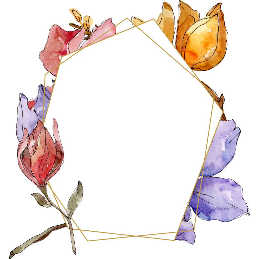カメリアの花の植物の花。●水彩背景イラストセット。フレームボーダーオーナメント正方形. - 写真・画像