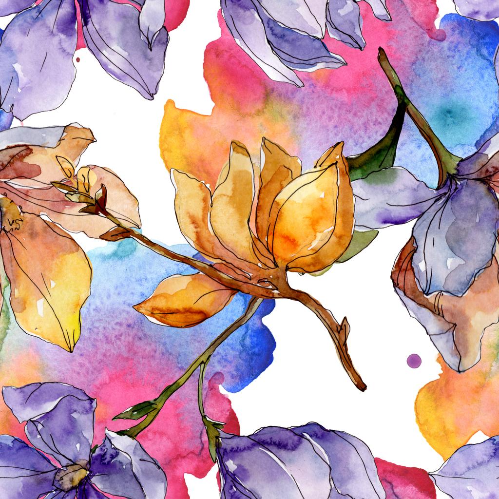 カメリアの花の植物の花。●水彩背景イラストセット。シームレスな背景パターン. - 写真・画像