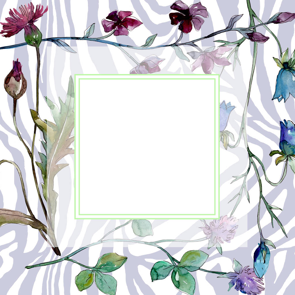 ワイルドフラワーの花の植物の花。●水彩背景イラストセット。フレームボーダーオーナメント正方形. - 写真・画像