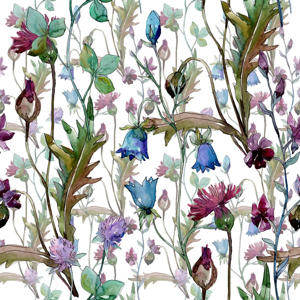 ワイルドフラワーの花の植物の花 野生の春の葉の野生の花 水彩イラストセット 水彩画ファッションアクアレル シームレスな背景パターン ファブリック壁紙プリントテクスチャ ロイヤリティフリー写真 画像素材