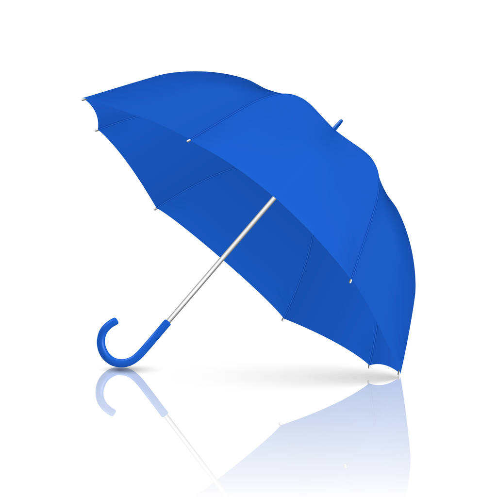 ベクトル3Dリアルレンダリングブルーブランク傘アイコンクローズアップ白い背景に分離。モックアップ、ブランディング、広告などのためのオープンパラソルのデザインテンプレート正面図 - ベクター画像