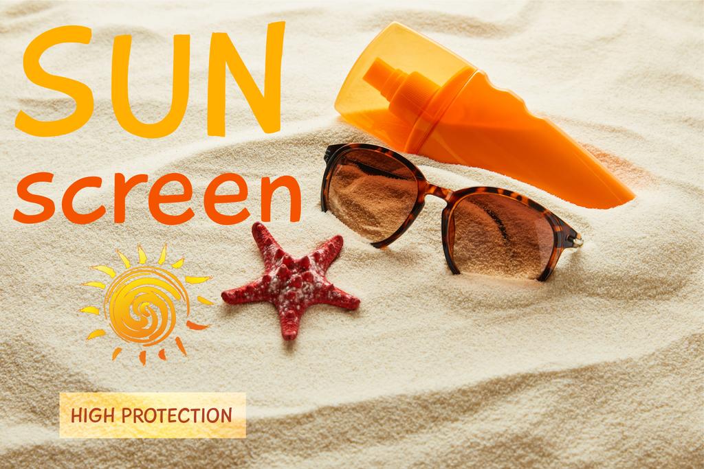 occhiali da sole marrone alla moda e crema solare in bottiglia arancione su sabbia con stelle marine e crema solare, scritte ad alta protezione
 - Foto, immagini