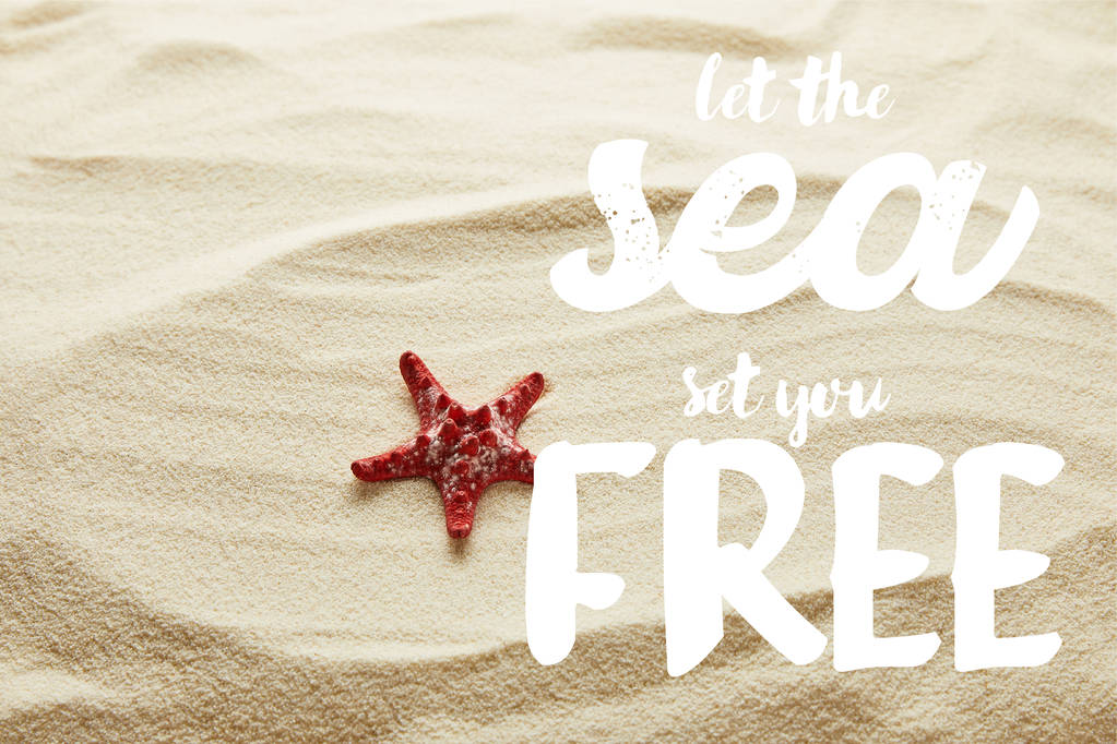 étoile de mer rouge sur le sable avec laissez la mer vous libérer lettrage
 - Photo, image