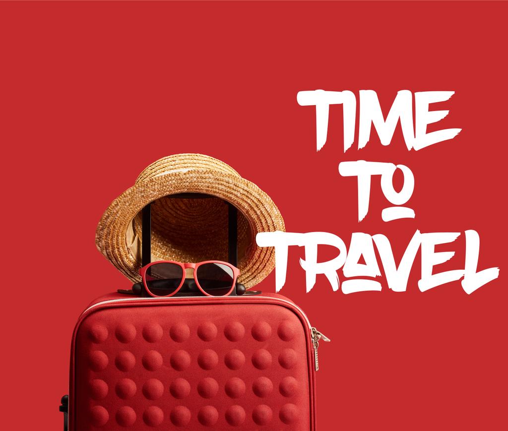 κόκκινο πολύχρωμο ταξιδιωτική τσάντα με ψάθινο καπέλο και γυαλιά ηλίου απομονώνονται σε κόκκινο με το χρόνο για να ταξιδέψει εικονογράφηση  - Φωτογραφία, εικόνα