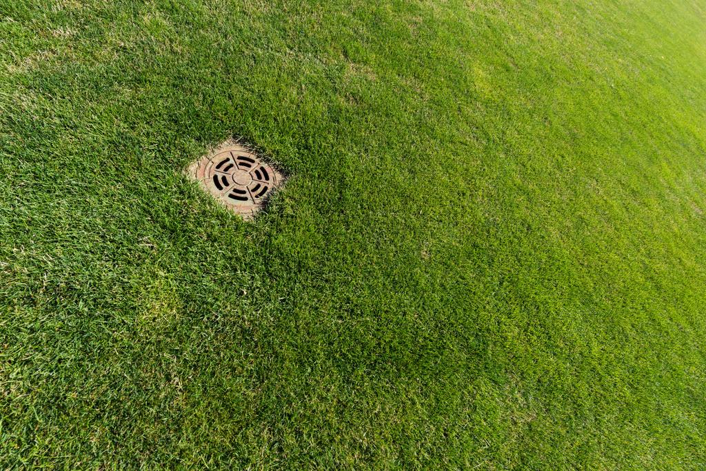 tapa de alcantarilla metálica sobre hierba fresca verde
  - Foto, imagen