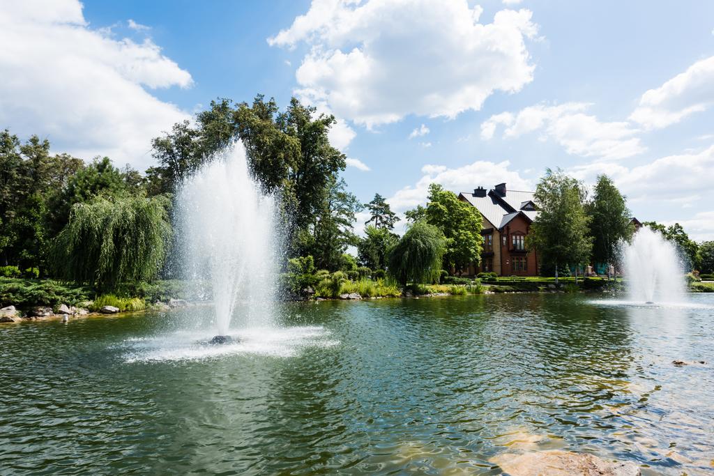 фонтани в ставку біля дерев і будинку в літній час
  - Фото, зображення