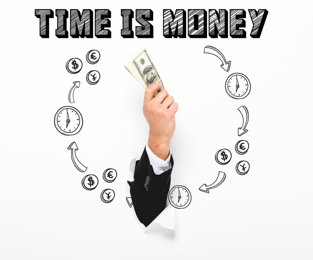 Cropped view of man holding money through hole in white paper wall on white with time is money illustration - Photo, Image