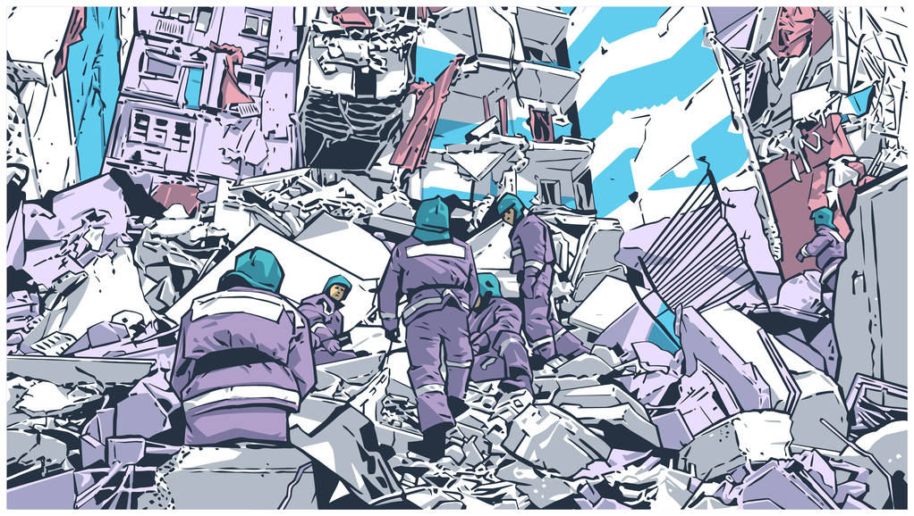 Иллюстрация пожарных на разрушенном здании вследствие землетрясения, стихийного бедствия, взрыва, пожара
  - Вектор,изображение