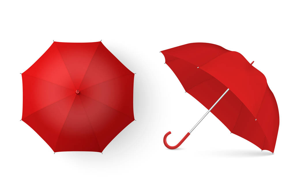 Vektorový 3D realistický vykreslení červený prázdný deštník ikona nastavení closeup je izolována na bílém pozadí. Návrhový vzor otevřených slunečníky pro návrhy, propagace značky, inzerovat atd. Pohled shora a zepředu - Vektor, obrázek