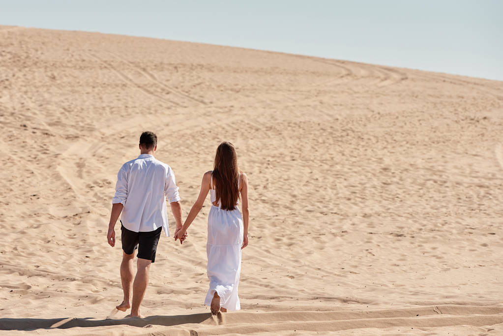 Šťastní milující manželé se drželi za ruce a chodící v poušti, kopírují se - Fotografie, Obrázek