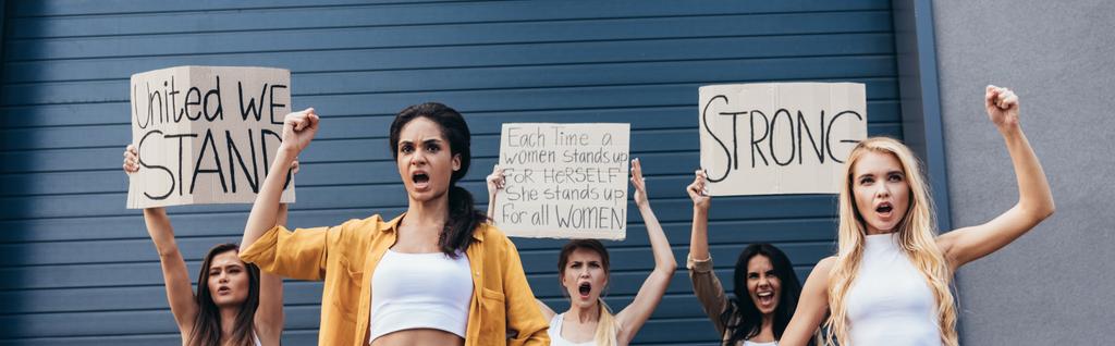 フェミニストのスローガンを持つプラカードを持ち、拳を上げる多民族フェミニストの悲鳴のパノラマショット - 写真・画像