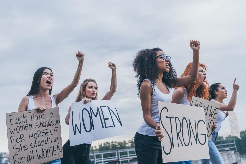 emotional multicultural women holding placards and gesturing outside  - Photo, Image