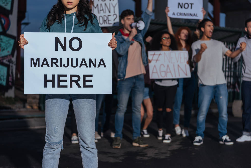 cropped view of woman holding placard with no marijuana lettering near screaming multicultural people  - Photo, Image