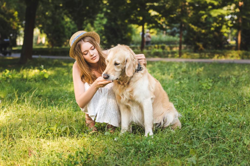 volledige lengte weergave van mooi meisje in witte jurk en stro hoed kinderboerderij Golden Retriever terwijl zittend op weide en kijken naar hond - Foto, afbeelding