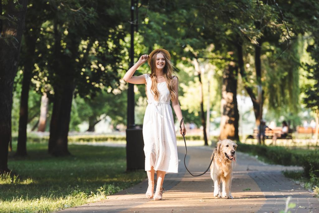 full length view of beautiful girl in white dress and straw hat walking with golden retriever on pathway and looking away - Photo, Image