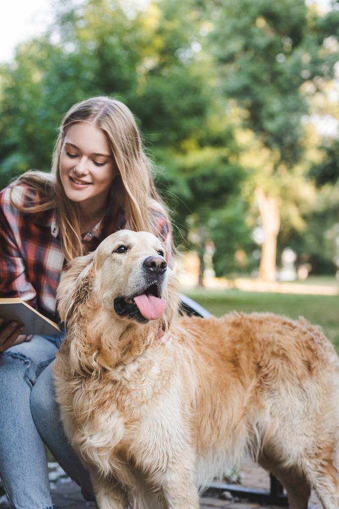 beautiful young girl in casual clothes reading book and petting golden retriever while sitting on wooden bench in park  - Photo, Image