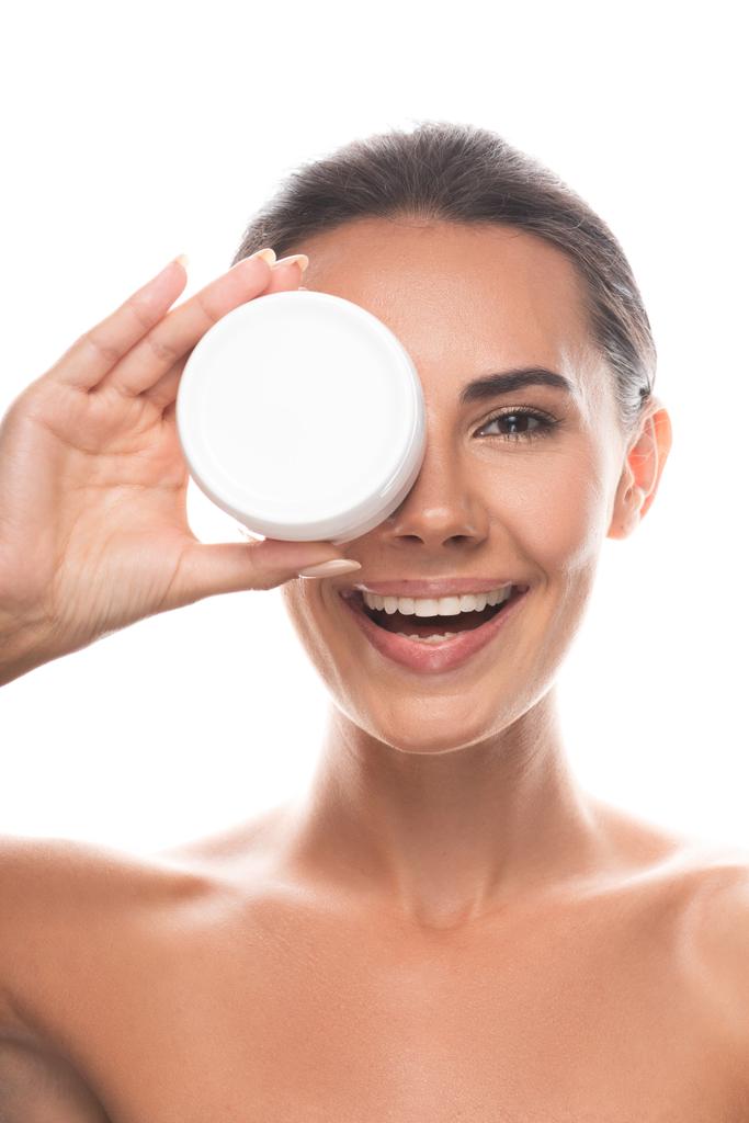 vue de face de jeune femme nue tenant crème cosmétique et riant isolé sur blanc
 - Photo, image