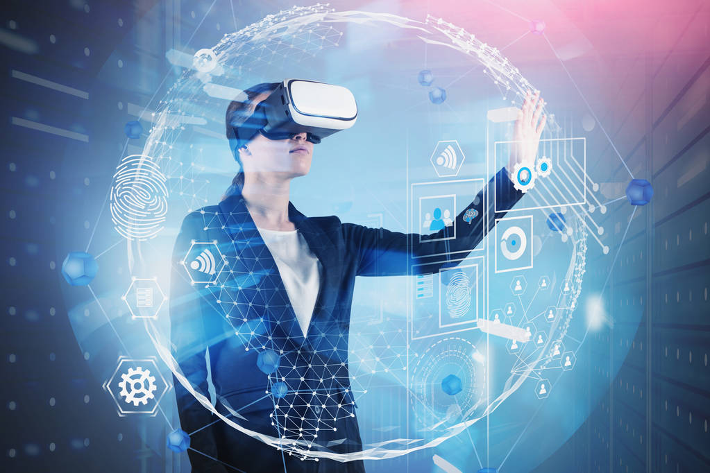Gafas Mujer en VR, interfaz de negocio global
 - Foto, imagen