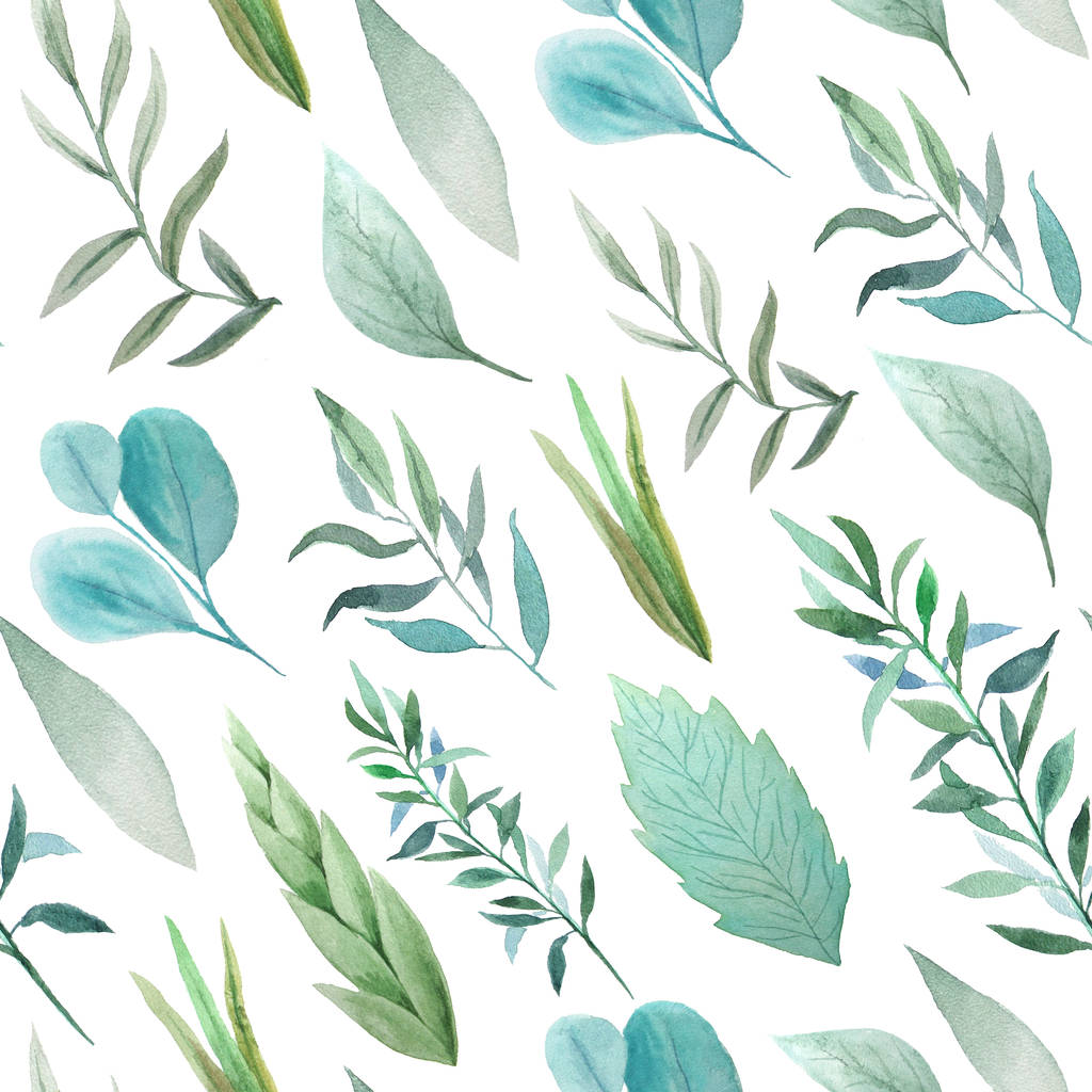 Płynny wzór z akwarelowymi zielonymi liśćmi  - Zdjęcie, obraz