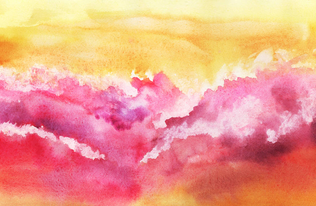 Akwarela Abstrakcja tło duży puszysty nasycony różowy burza Cumulus chmury na złotym niebie. Ręcznie rysowane akwarela ilustracja na papierze teksturowanym Fairy Crimson niebo. Gradient z żółtego na czerwony - Zdjęcie, obraz