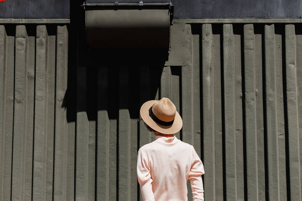 Stylish girl in a gently pink dress and straw hat standing next to a dark metal fence on a sunny day - Photo, Image