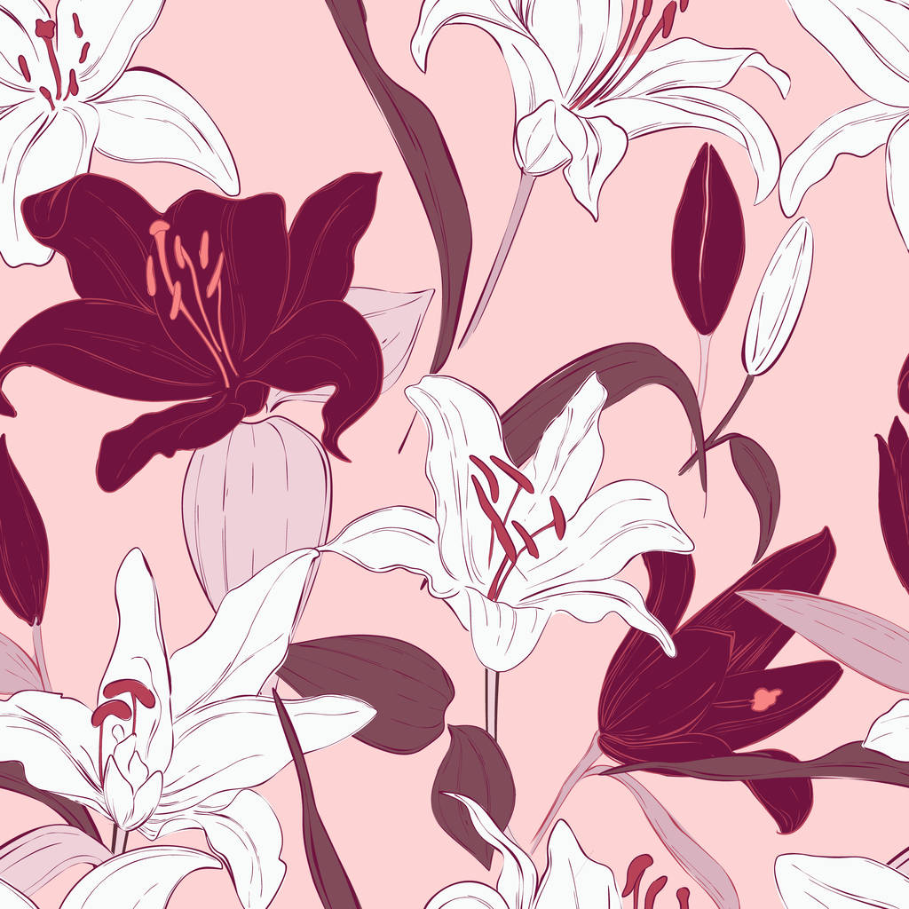 ピンクユリシームレスパターンデザイン。植物の手描きの花。夏の花、花の美しさの装飾、自然の背景 - ベクター画像