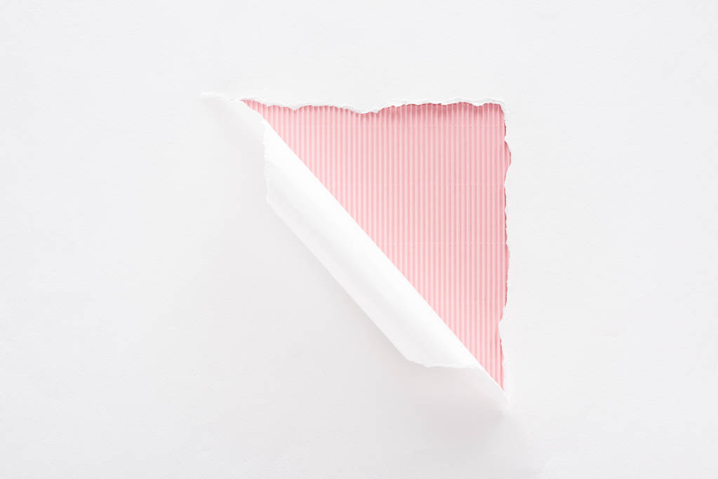 papel blanco desgarrado y enrollado sobre fondo colorido rayado rosa
 - Foto, Imagen