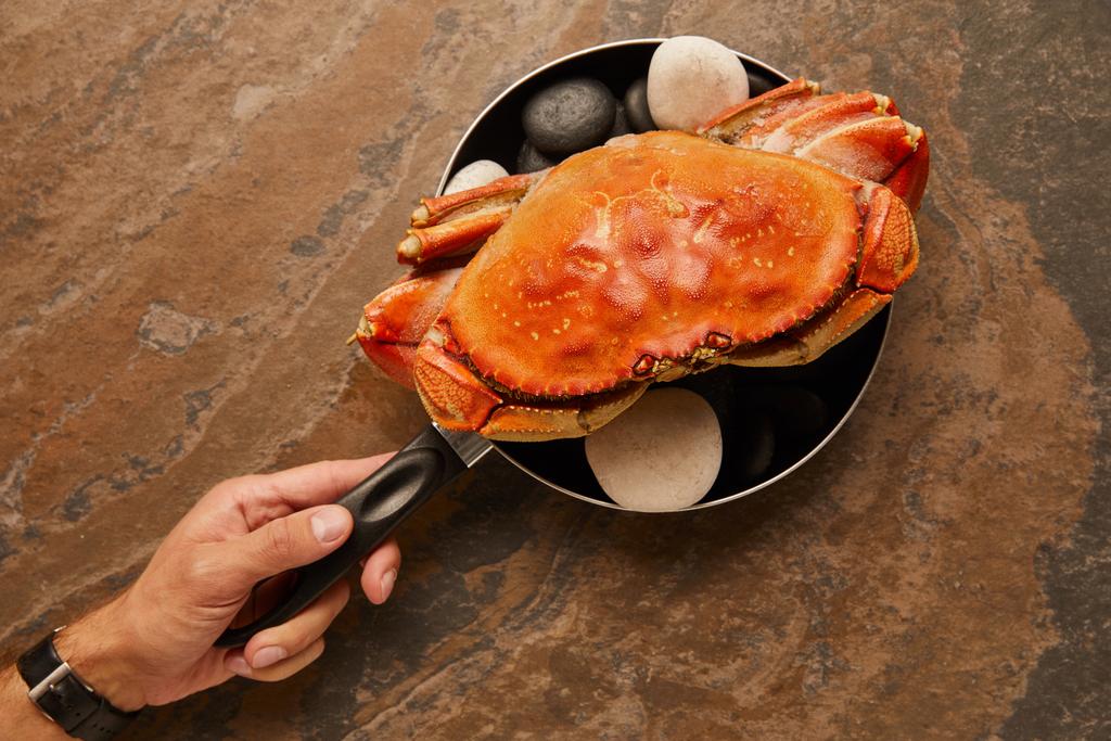 zugeschnittene Ansicht einer ungekochten Krabbe mit fester Schale mit schwarzen Steinen in der Pfanne auf strukturierter Oberfläche - Foto, Bild