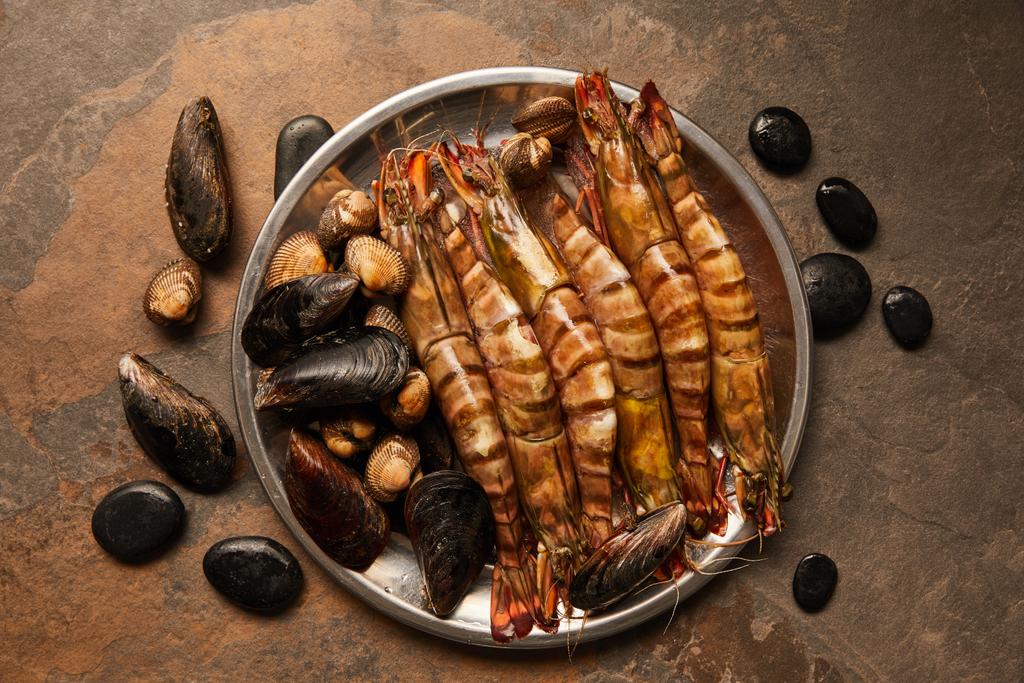 felülnézet kagyló, kagylók és kagylók edényben textúrázott felületen  - Fotó, kép