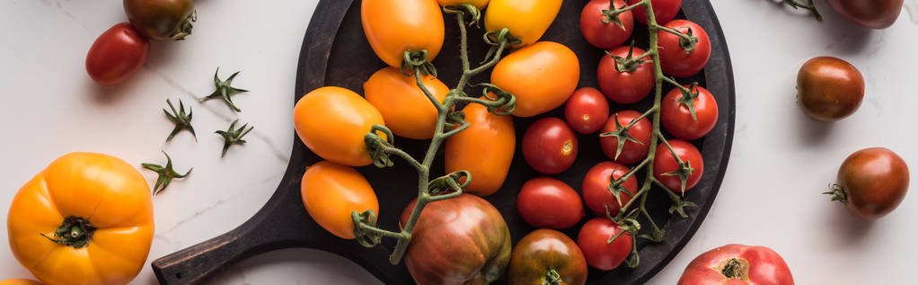 plano panorámico de diferentes tomates amarillos, rojos y cereza en la bandeja de pizza en la superficie de mármol
  - Foto, Imagen