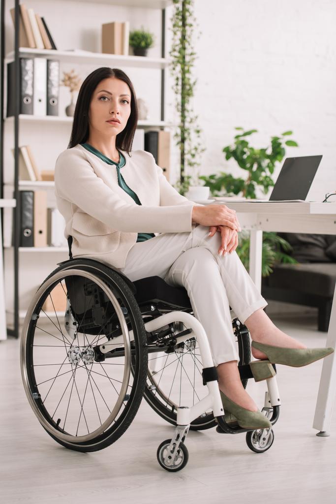 empresaria discapacitada segura mirando la cámara mientras está sentada en silla de ruedas en la oficina
 - Foto, Imagen