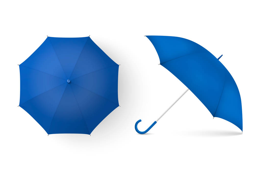 Ensemble d'icône de parapluie blanc bleu de rendu réaliste vectoriel 3d isolé sur fond blanc. Modèle de conception de parasols ouverts pour maquettes, marques, publicités, etc. Vue du dessus et de face
 - Vecteur, image