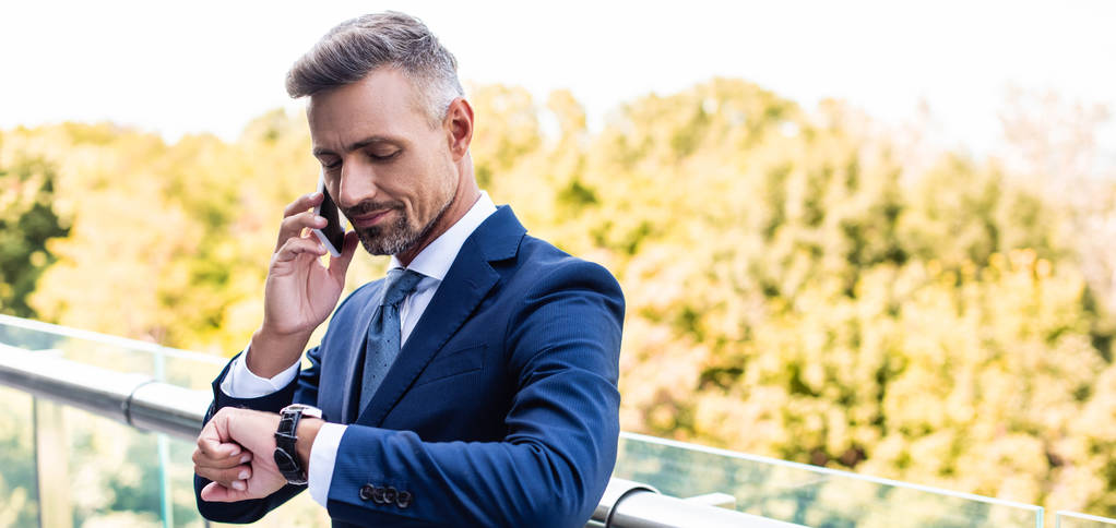 panoramic shot of handsome businessman in formal wear talking on smartphone  - Photo, Image