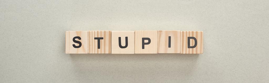 panoramic shot of wooden blocks with stupid lettering on grey background, bullying concept - Photo, Image
