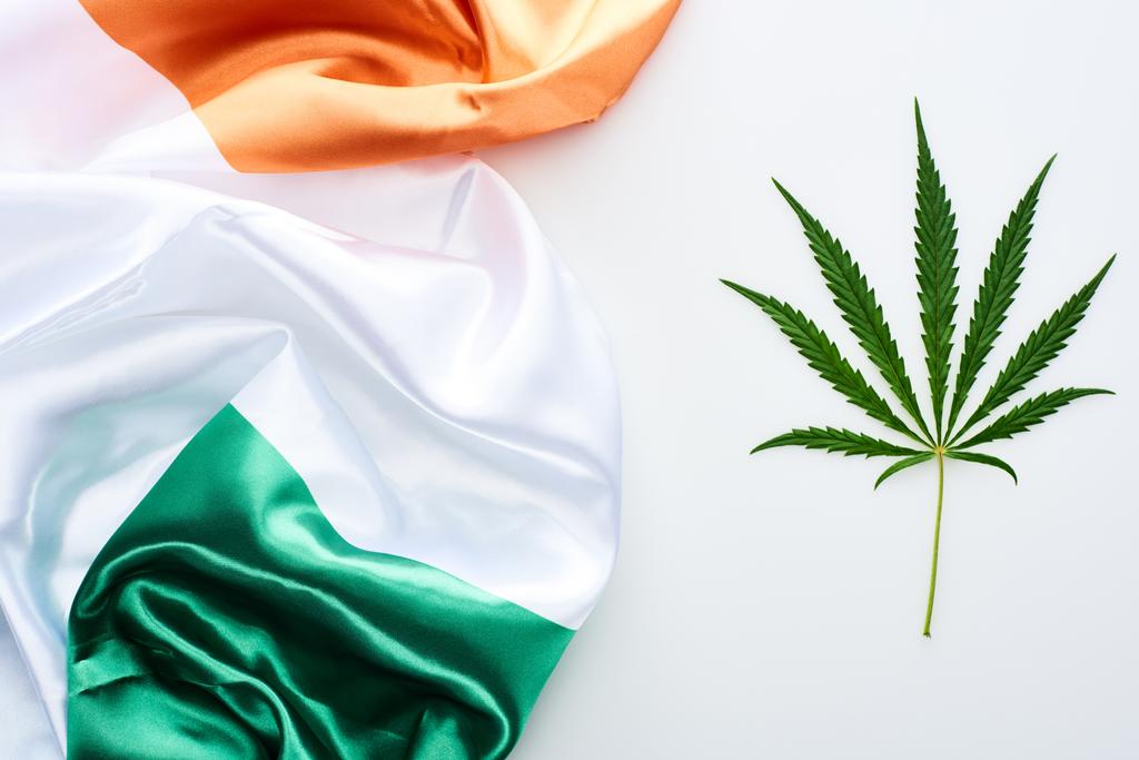 Ansicht des grünen Cannabis-Blattes in der Nähe der iranischen Flagge auf weißem Hintergrund - Foto, Bild