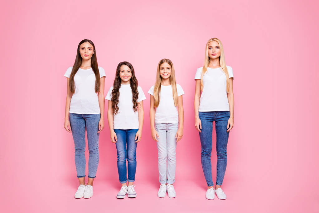Full body photo of two small and two students ladies wear casual outfit isolated pink background - Photo, Image