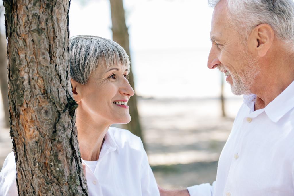 souriant couple âgé debout près de l'arbre et se regardant dans la forêt
 - Photo, image