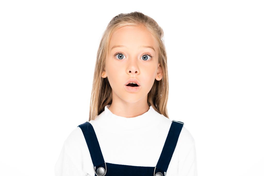 cute, shocked schoolgirl looking at camera isolated on white - Photo, Image