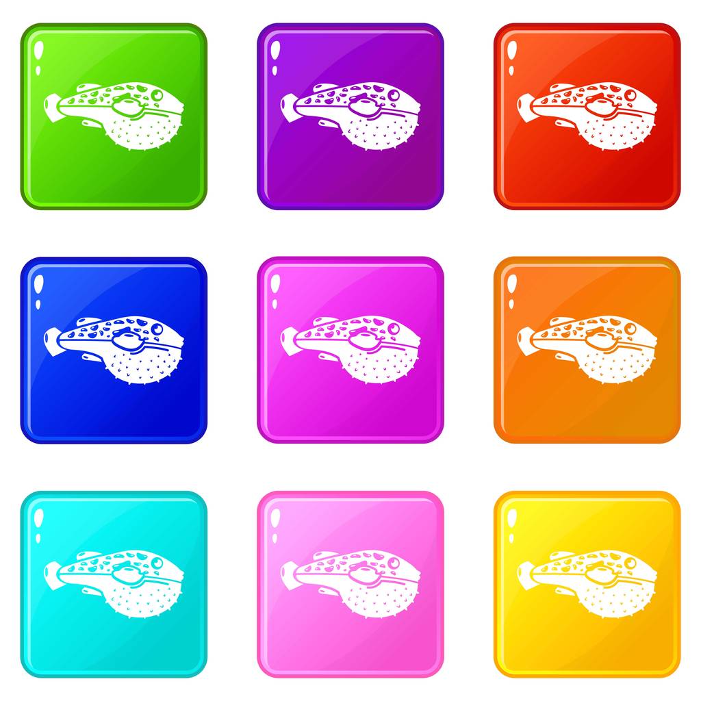 Juego de iconos de peces venenosos 9 colección de colores
 - Vector, Imagen