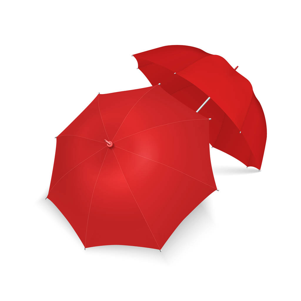 Vector 3d realista Render paraguas en blanco rojo icono conjunto primer plano aislado sobre fondo blanco. Plantilla de diseño de sombrillas abiertas para burlas, marcas, publicidad, etc. Vista superior y frontal
 - Vector, imagen