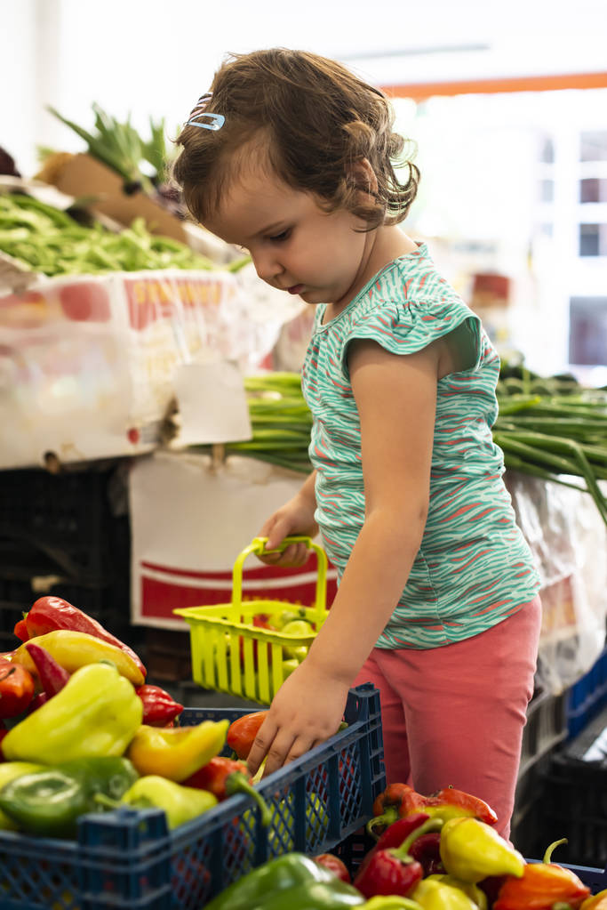 Compras de niños en el mercado de verduras
.  - Foto, imagen