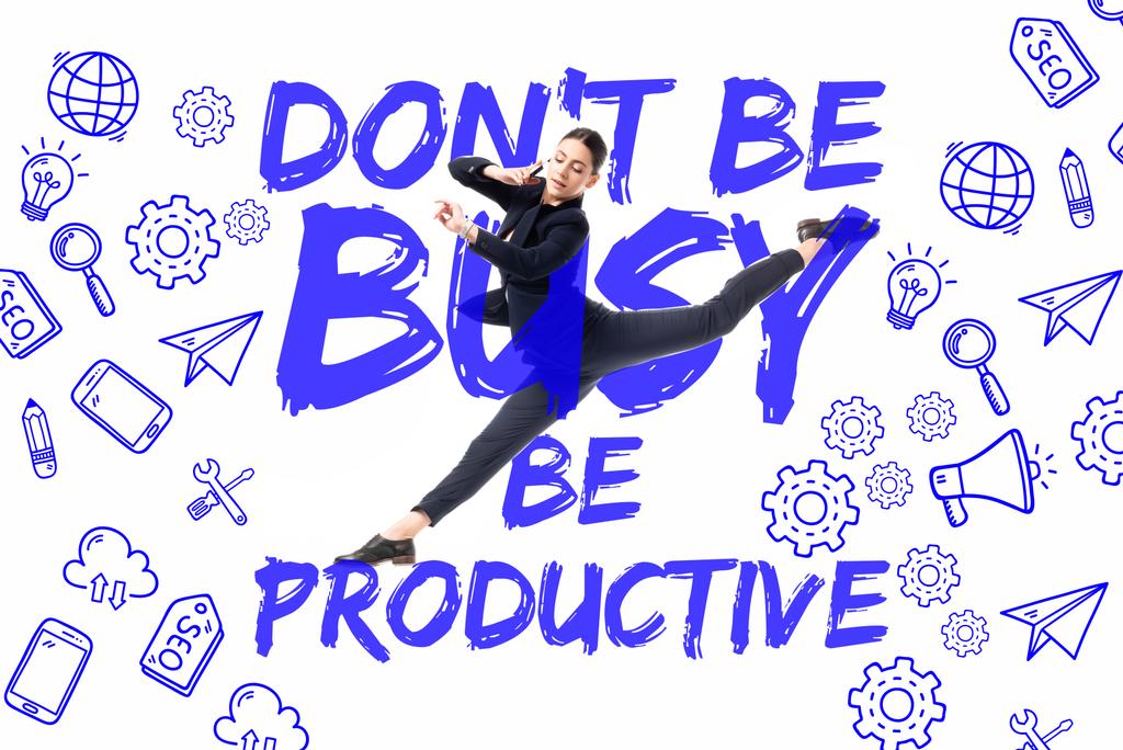 young businesswoman talking on smartphone while levitating on background with dont be busy be productive lettering, and multimedia icons isolated on white - Photo, Image