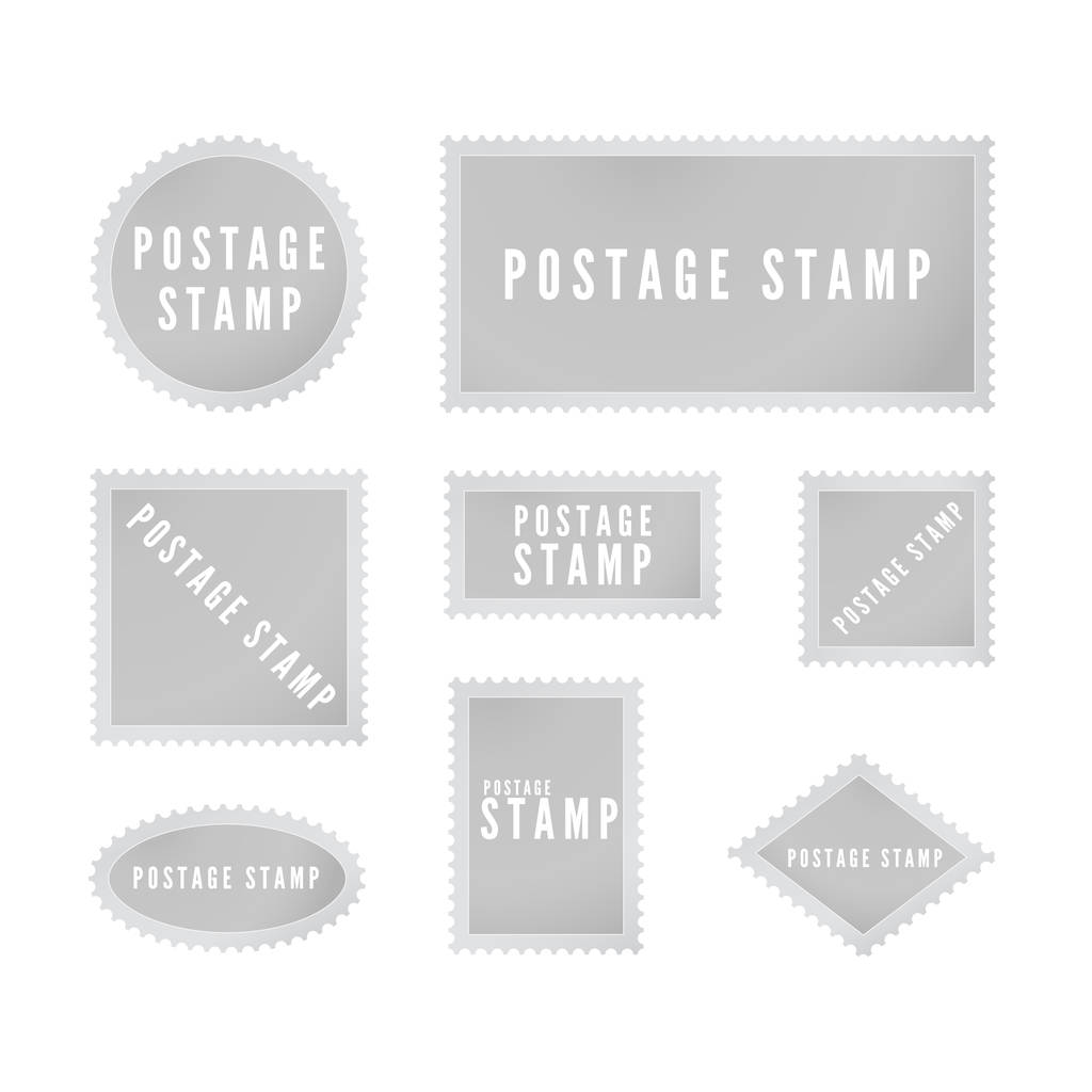 Szürke postai bélyegző sablon gyűjteménye árnyékkal. Retro üres postai bélyeg perforált szegély. Vektoros illusztráció izolált fehér háttér - Vektor, kép